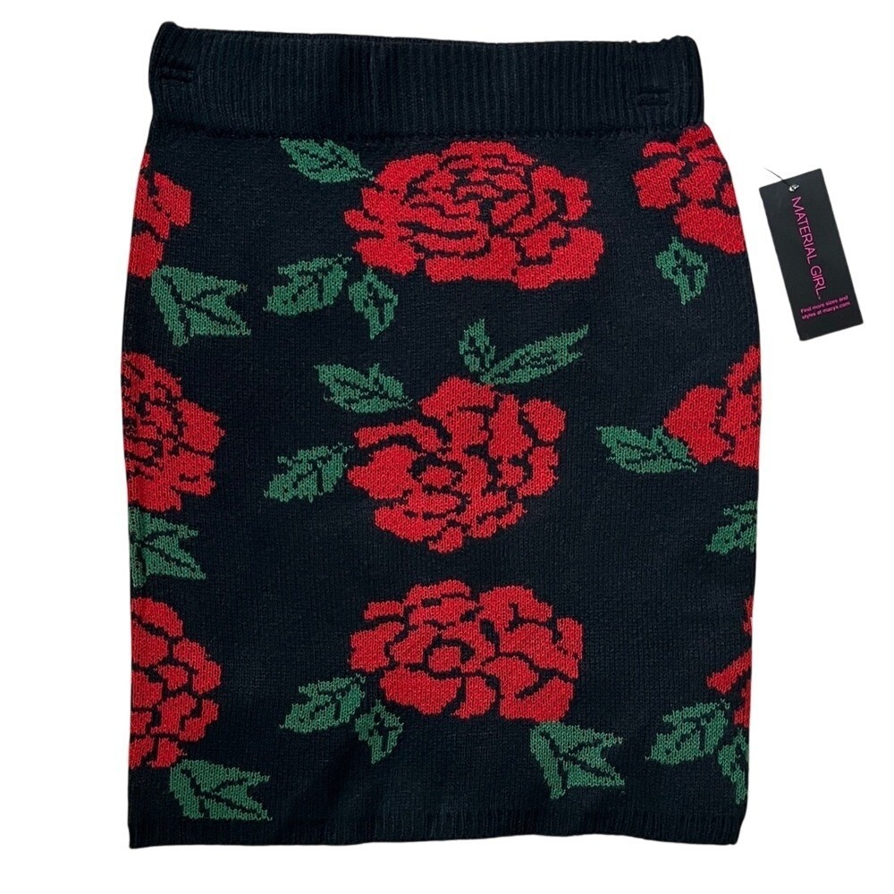 Material Girl Womens Small Black Red Rose Floral Knit Mini Skirt NWT